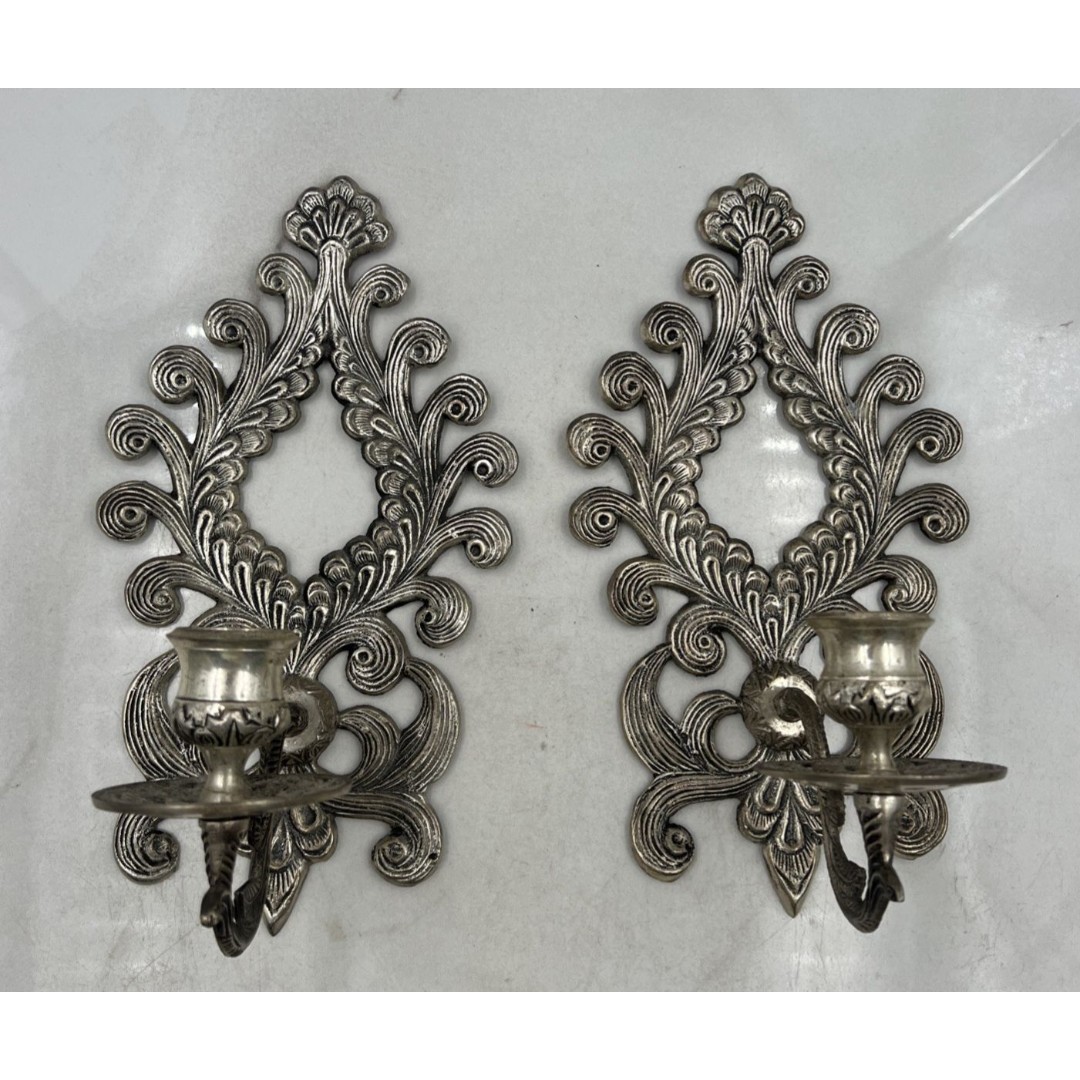 VTG Silver Wall Metal Candle Holder Sconce 10 Filigree Ornate Peacock Set of 2