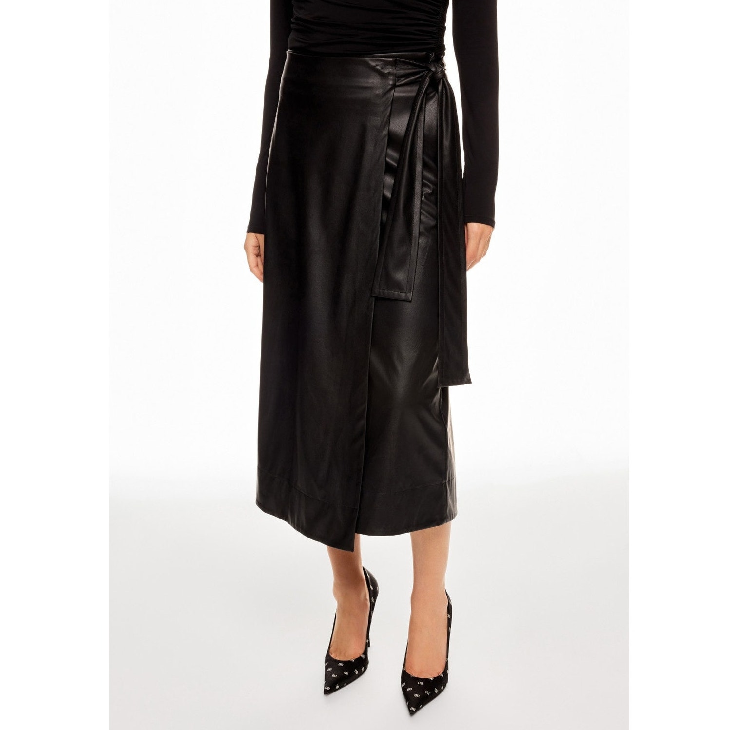 Toccin Faux Leather Wrap Skirt Midi Black Waist Strap Tie Sz S