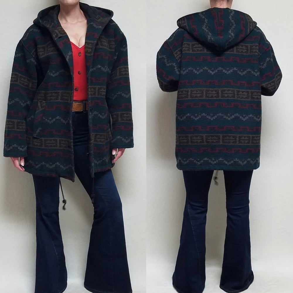 Vintage 90s Braetan Italian Boho Wool Blend Hooded Toggle Button Blanket Coat L