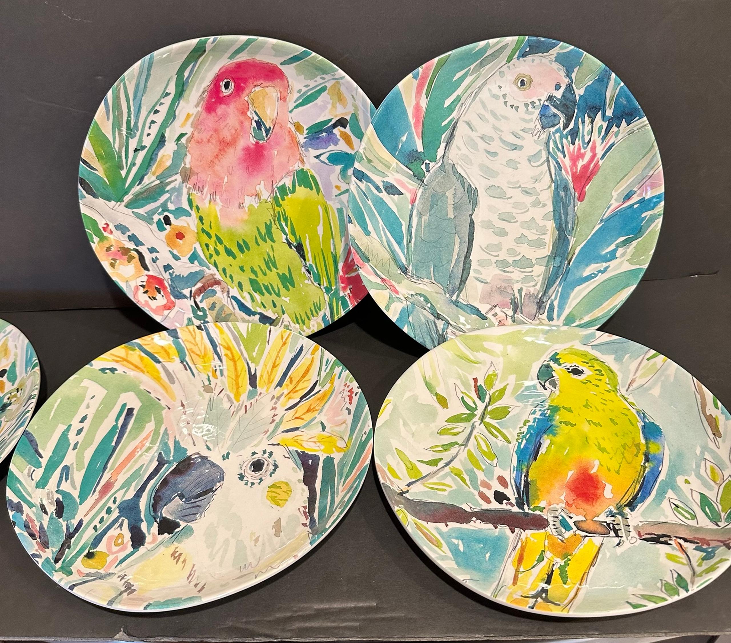 Plates Pier 1 Melamine Colorful  Birds Parrots Cockatoo Tropical 8.75” Set Of 5