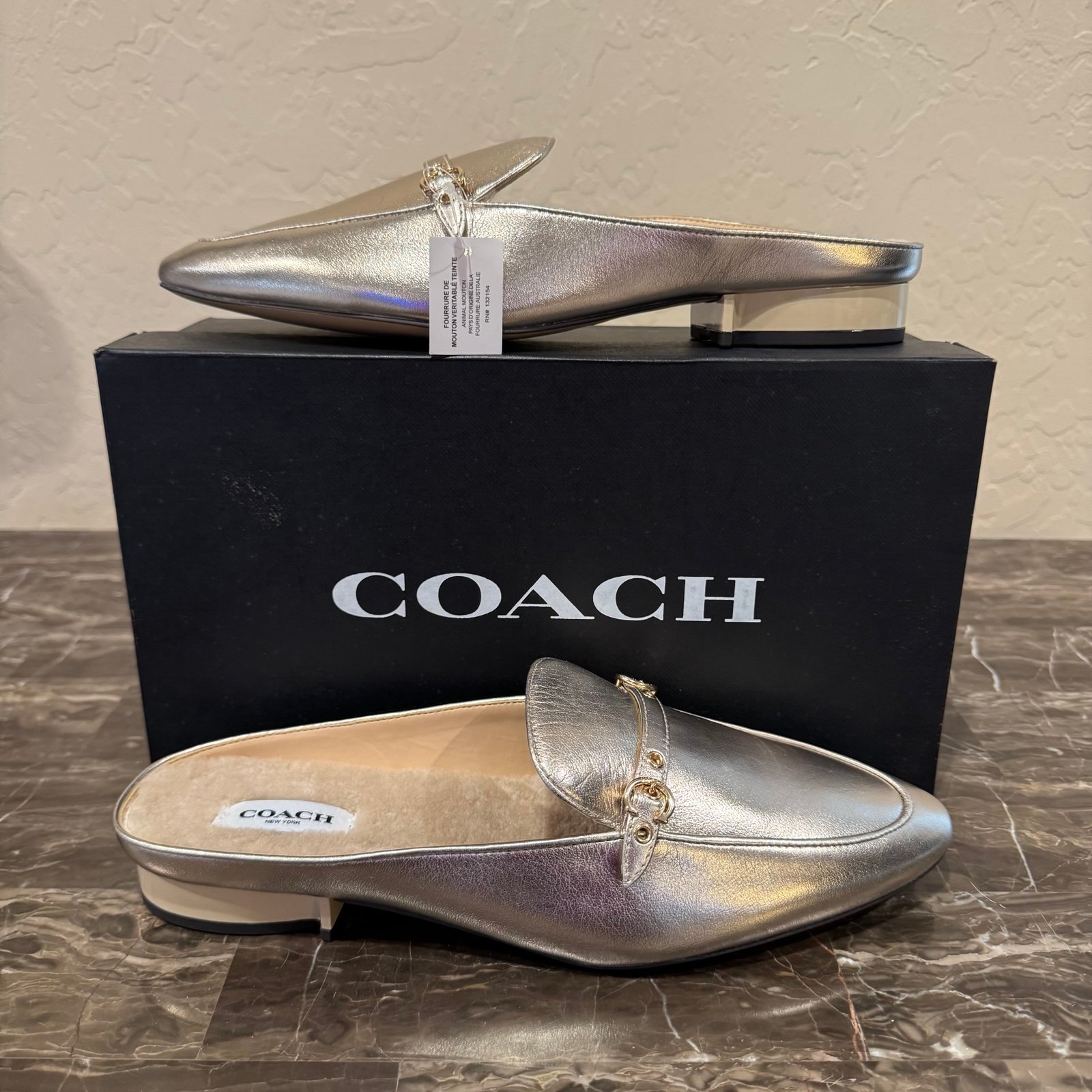 NEW Coach Irene Metallic Leather & Shearling Mules