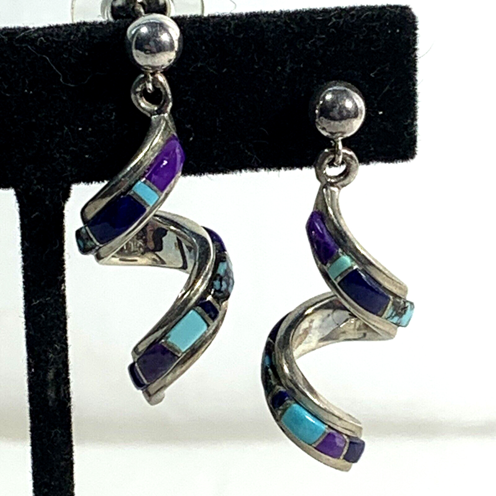 TSF Sterling Silver 925 Multi Stone Inlay Spiral Earrings Touch of Santa Fe Post