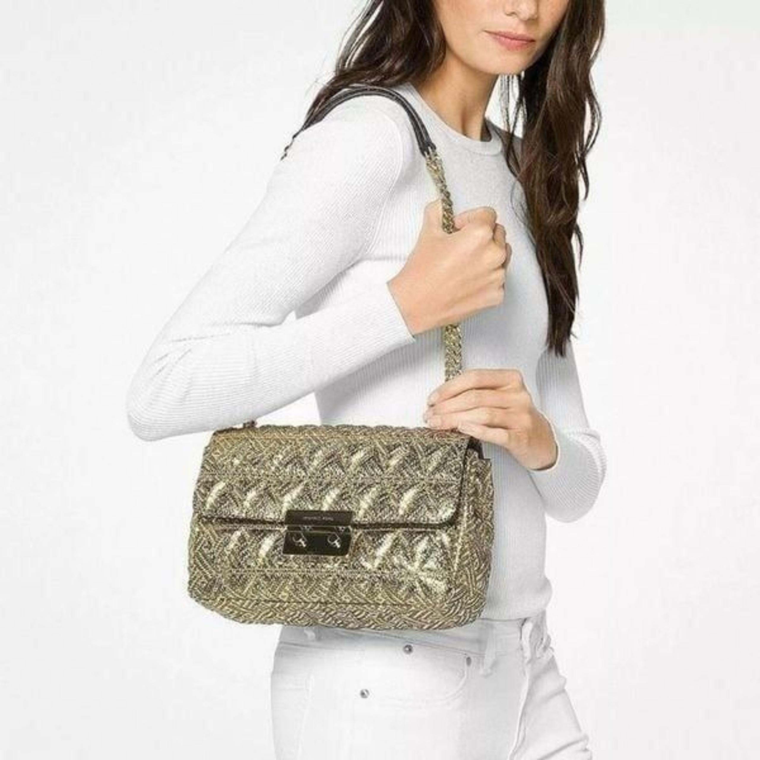 MICHAEL KORS Gold Metallic Sloan Quilted Pyramid Large Chain Shoulder Bag Purse