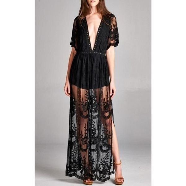 Honey Punch Lace Maxi Romper Lace dress Black Size Small (0068)