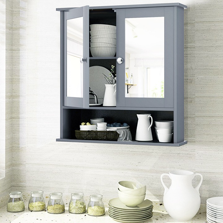 Wall-Mounted Mirror Cabinet Bathroom Storage Organizer - Grey