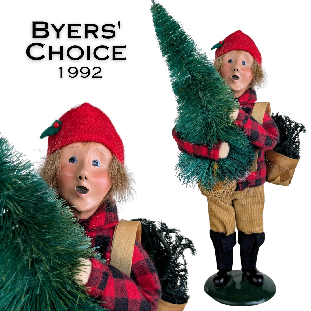 Byers' Choice Caroler Vintage 1992 Boy w/ Pine Tree and Basket Red Plaid Coat