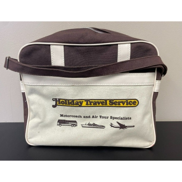 Vintage Holiday Travel Service Luggage Bag 14 x5 x11 Wisconsin Tag Brown Yellow