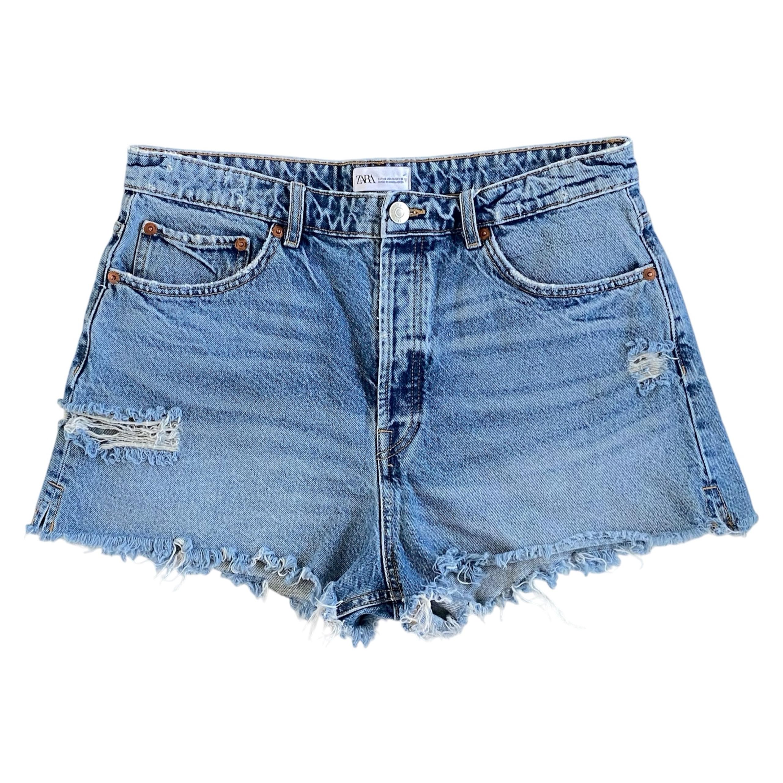 Zara High Waisted Distressed and Ripped Medium Wash Denim Shorts Women's Size 14