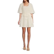 A Loves A White Crochet Balloon Sleeve Ruffle Mini Dress
