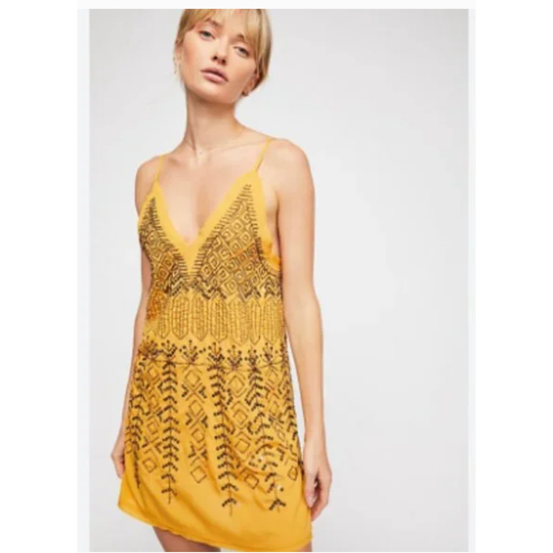 Free People Arizona Nights Mustard Yellow Beaded Embellished Slip Dress XS