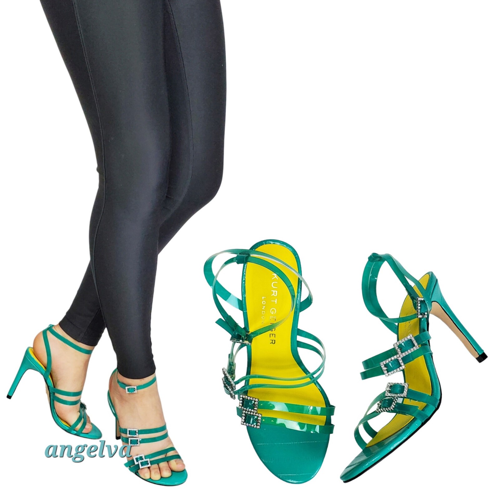 New Kurt geiger pierra vinyl strap embellished buckle stiletto heel sandals 7.5