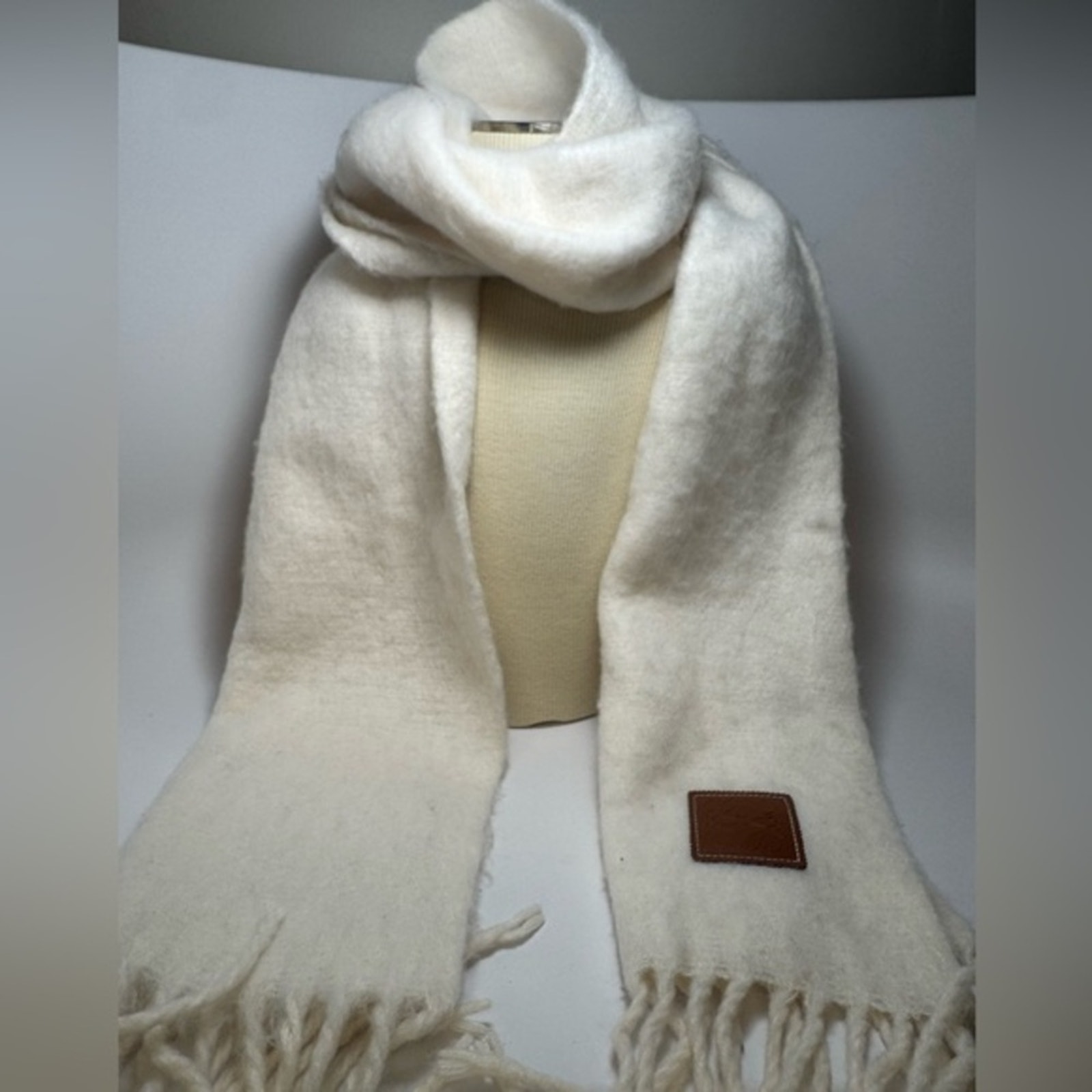 Loewe Mohair Scarf – Solid White with Logo Patch Designer Fashion