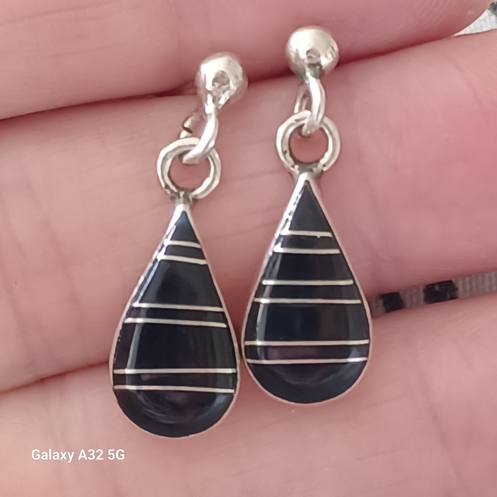 Vtg.Native Signed DA - STERLING SILVER INLAID ONYX TEARDROP EARRINGS