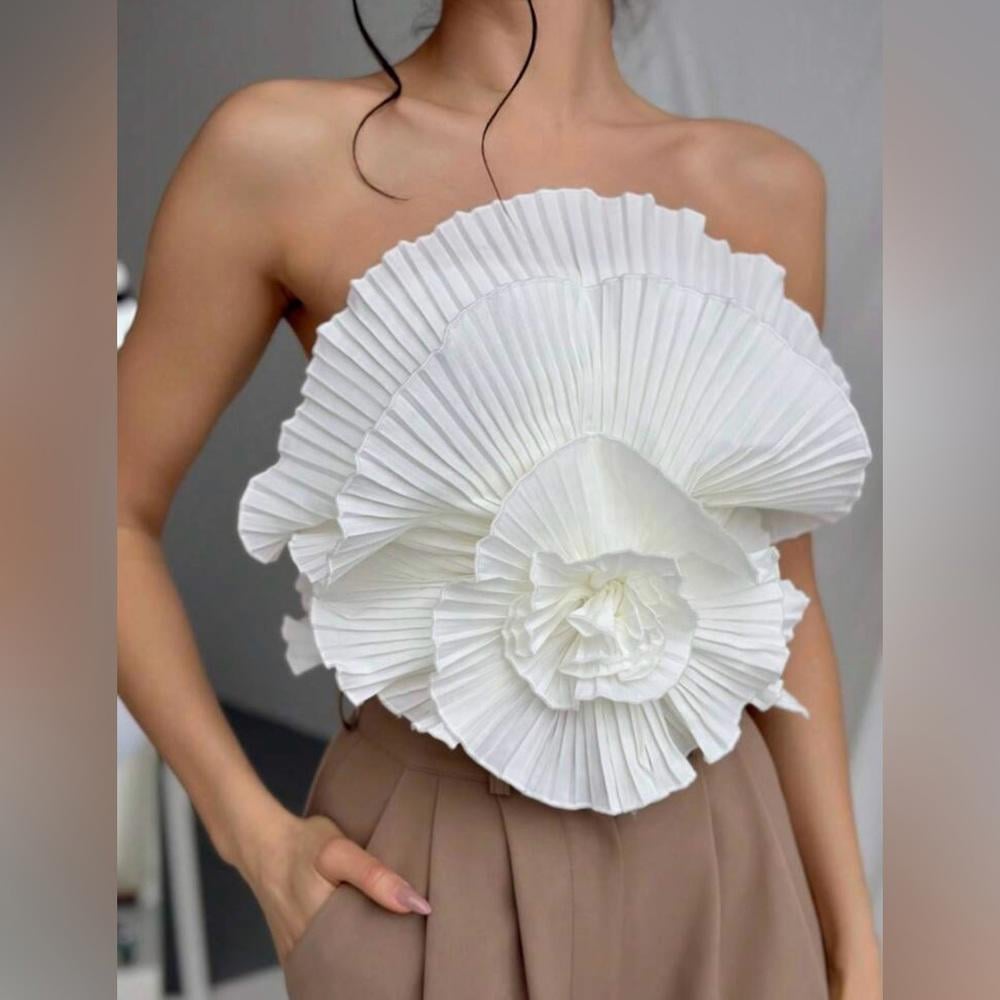 White Pleated Top Cocktail, 3D Flower Design Top