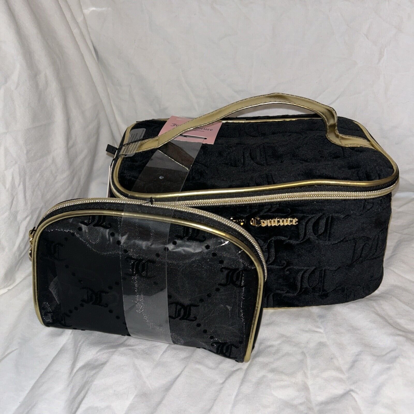 JUICY COUTURE Black W/Gold Trim 2 Piece Set TRAVEL COSMETIC MAKEUP BAG Vacation