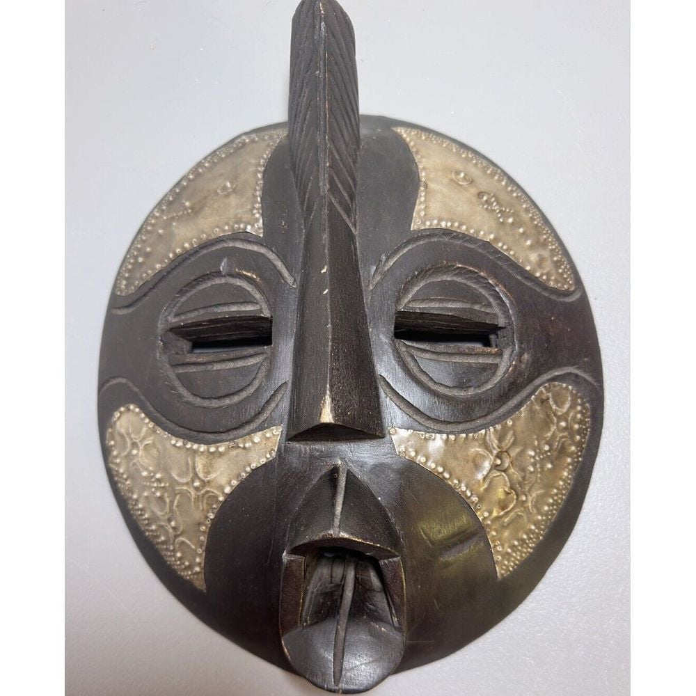 Vtg Ghana Round African Mask Handmade In Ghana Carved Wood w Brass Inlay