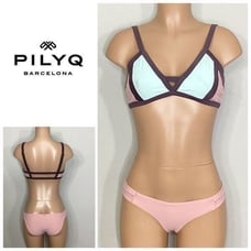 New. Pilyq blush/pink, brown, mint bikini. D-cup top/ S-bottom. Normally 168