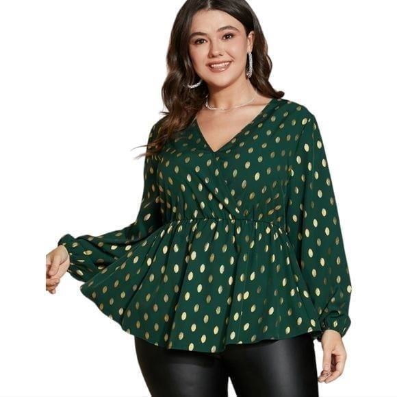 BloomChic Hunter Green and Gold Peplum Babydoll Shirt Plus Size 18 20 2X New!