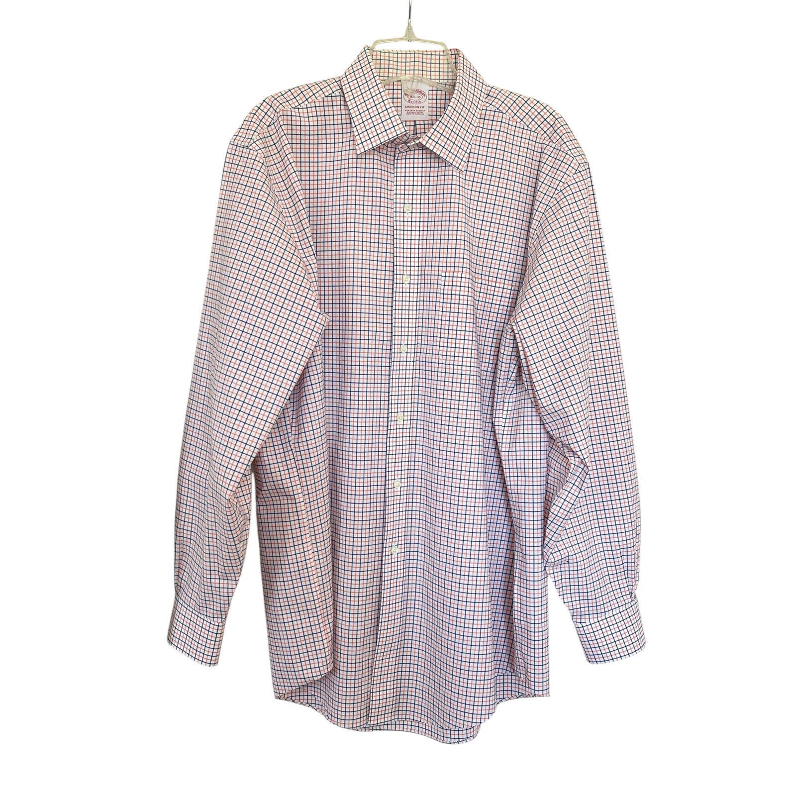 Brooks Brothers White Navy Orange Plaid Check Madison Fit Non-Iron Dress Shirt