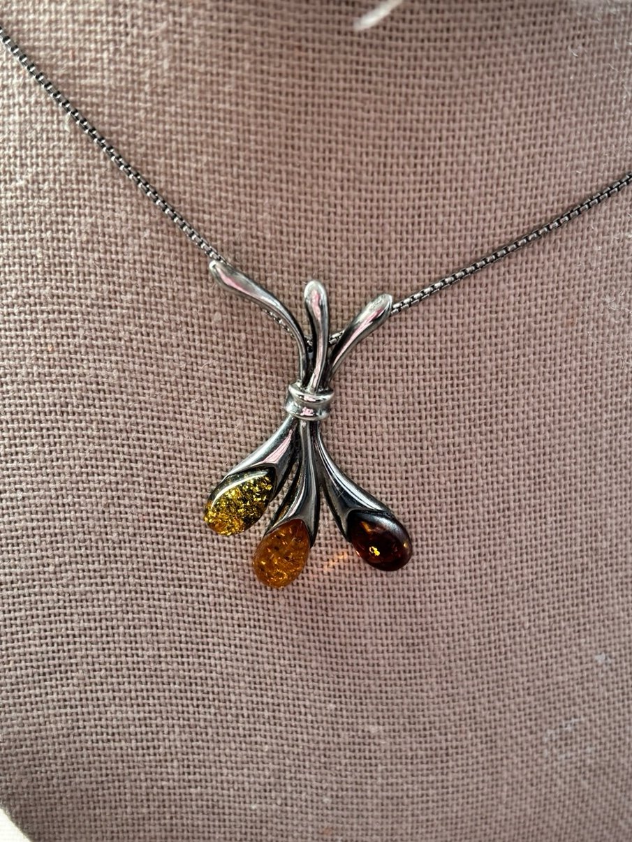 Floral Branch Pendant Necklace in Sterling Silver Three Shades of Baltic Amber