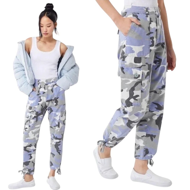 Urban Outfitters Camo Pants Cargo Pockets Cotton High Rise Printed Blue Womens 6