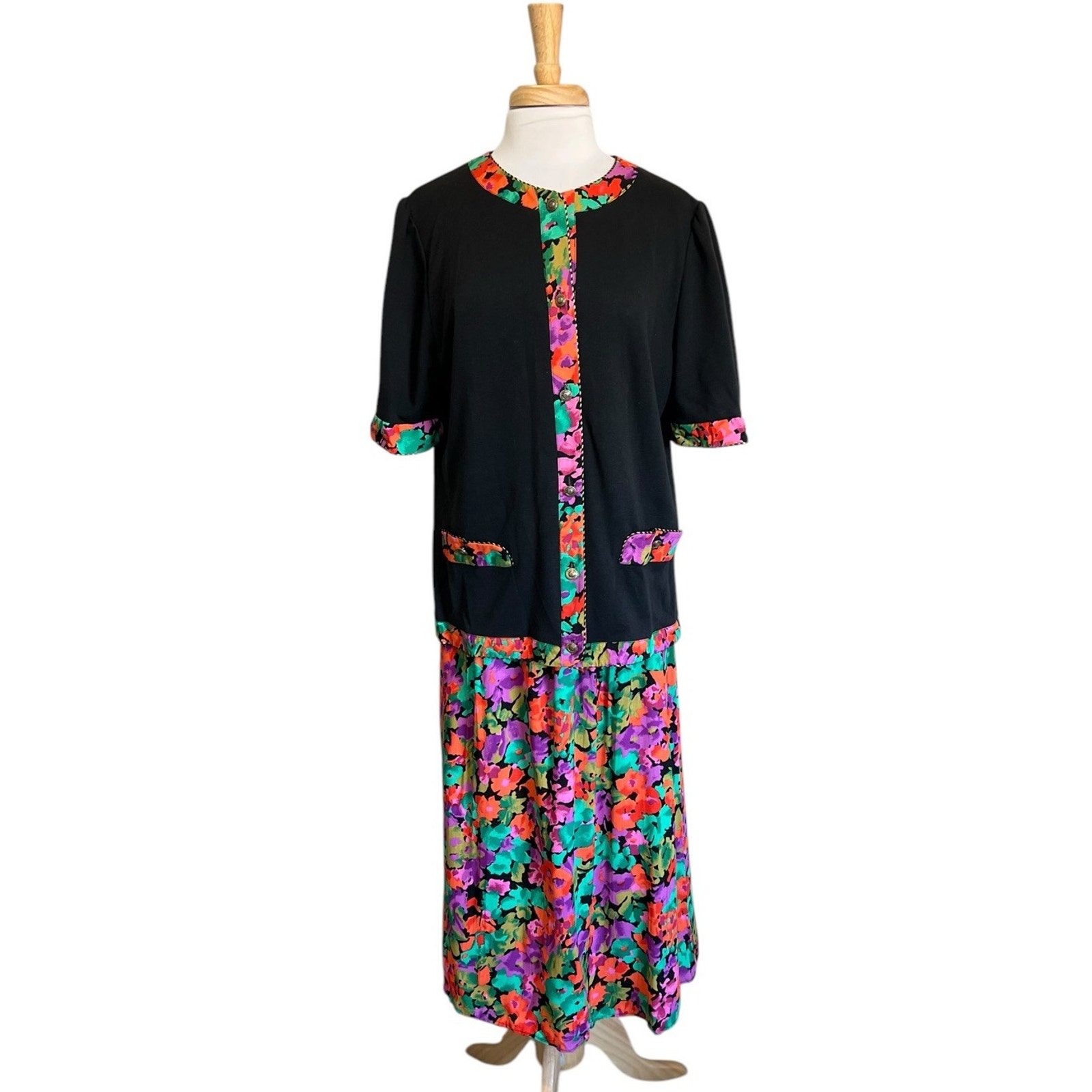 Alley Cat II Vintage 80s Abstract Artsy Boho Floral Top & Skirt Set Women's 16