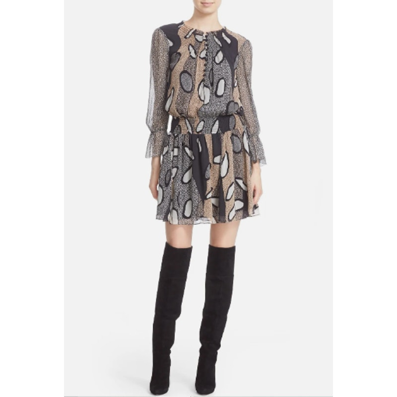 Diane Von Furstenberg Kelley Printed Blouson Dress Silk Smocked Brown Black Sz 6