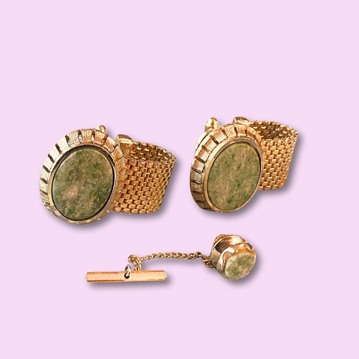Dante Set-Golden and Green Jade Cufflinks and Tie Tack Set