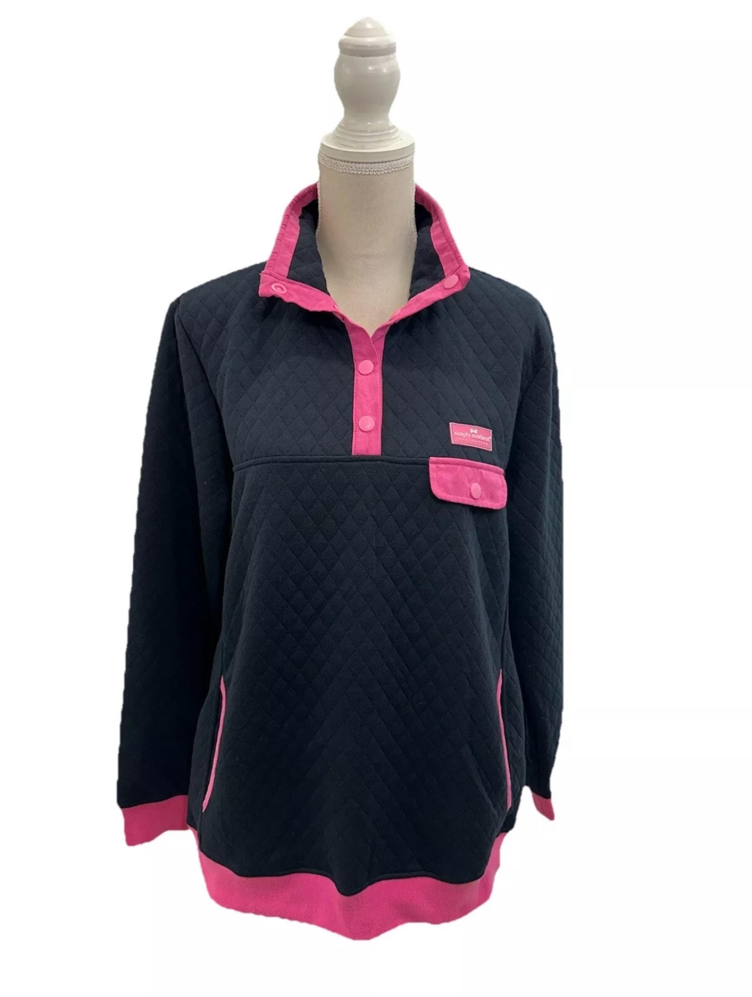 Simply Southern Quilted Pullover Sweatshirt 1/4 Snap Womens Dark Navy Pink Large