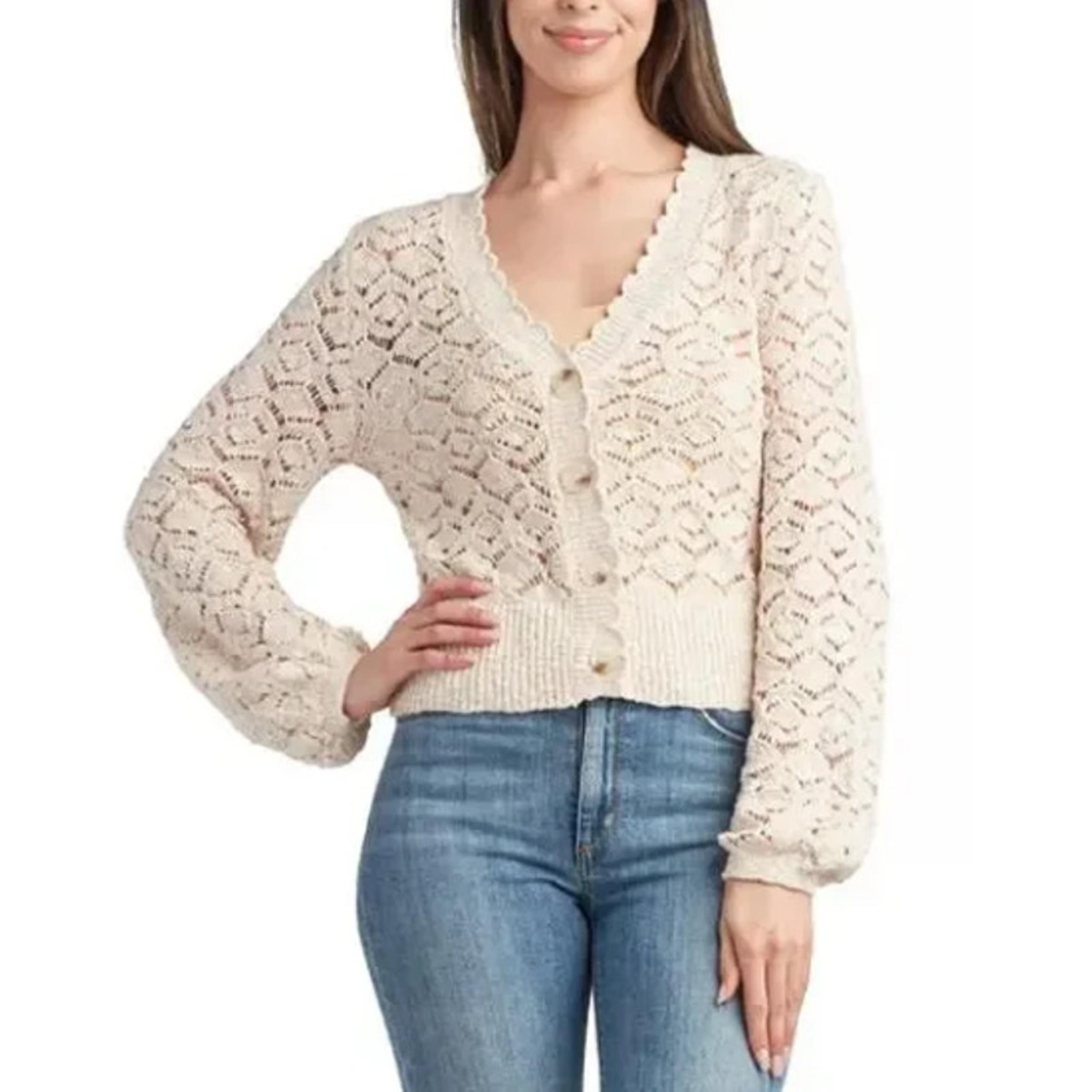 NEW Macy's BCX Cream Open Knit Cottagecore Cardigan sweater small Ivory Grandma