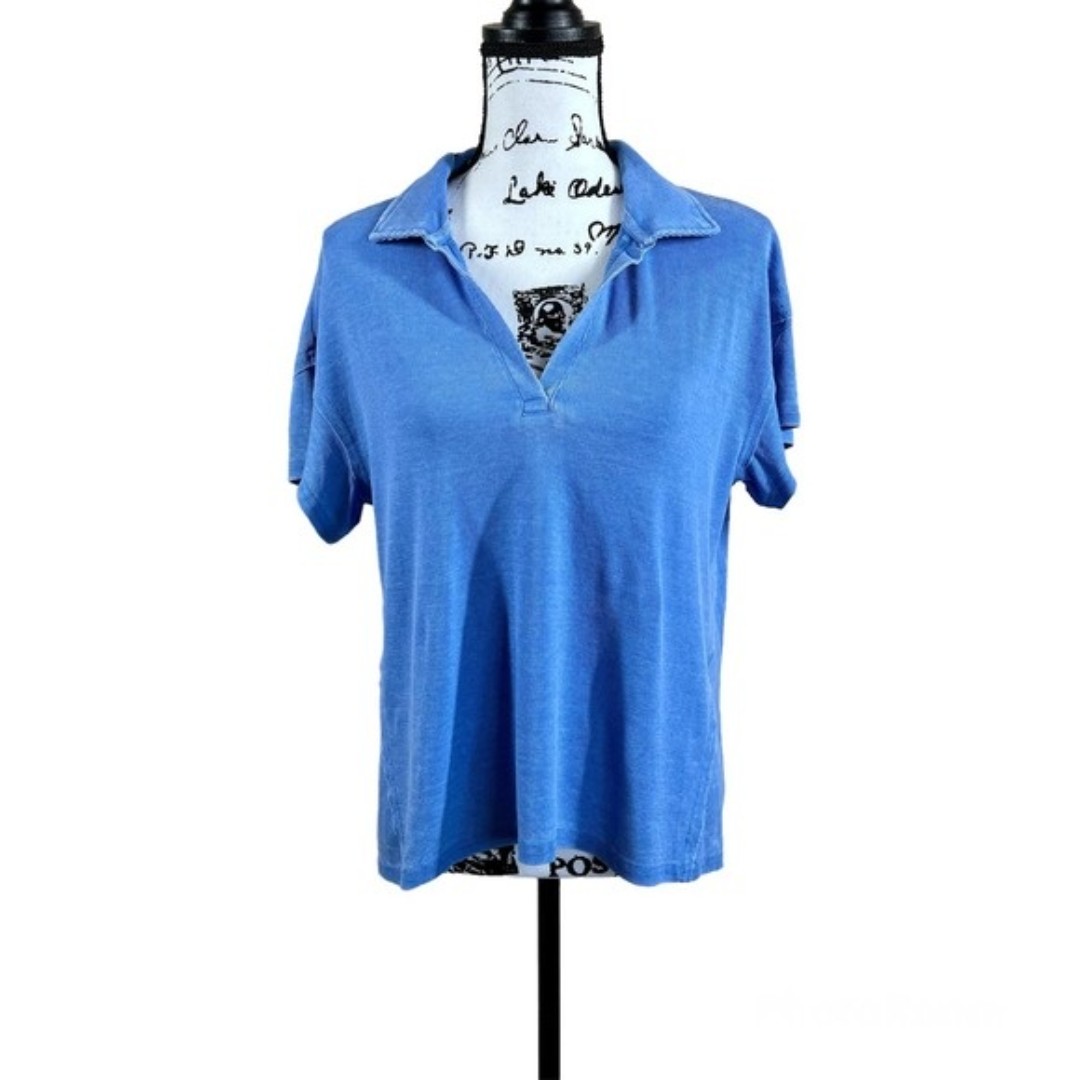 Anthropologie Jane and Delancey Blue top distressed collar short sleeve size S