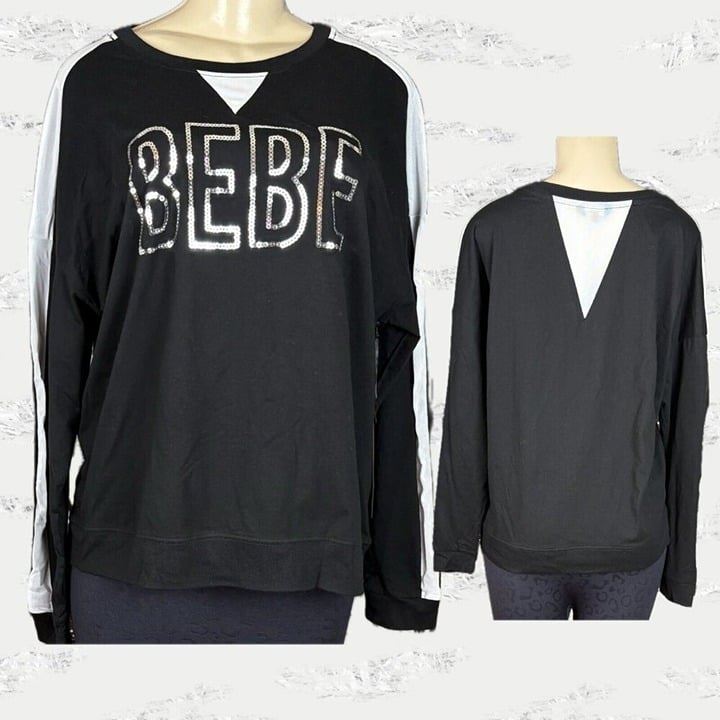 Bebe +1X Black Sequin Logo Name Crew Neckline White Mesh Accent Long Sleeve Top