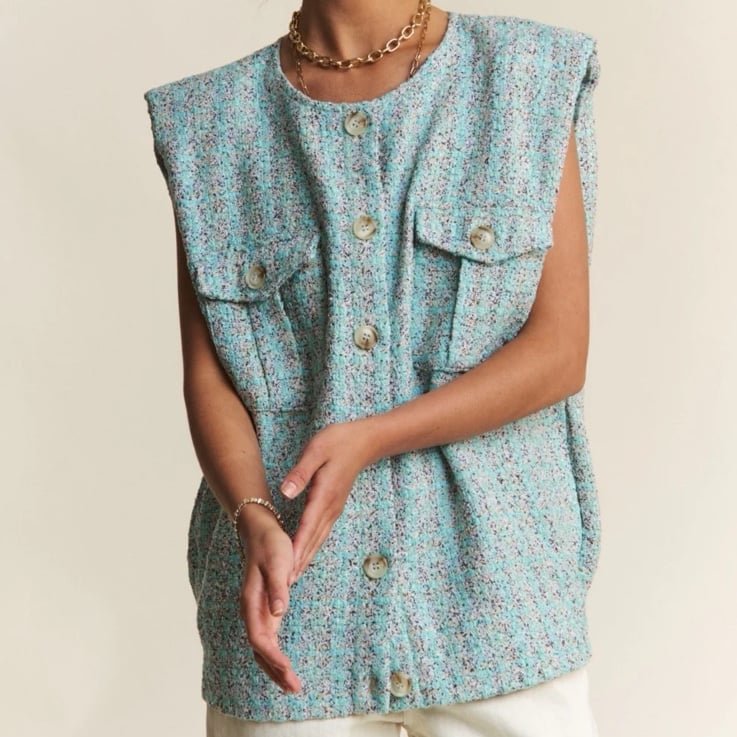 J.NNA Frayed Tweed Padded Shoulder Vest PINK small NWT