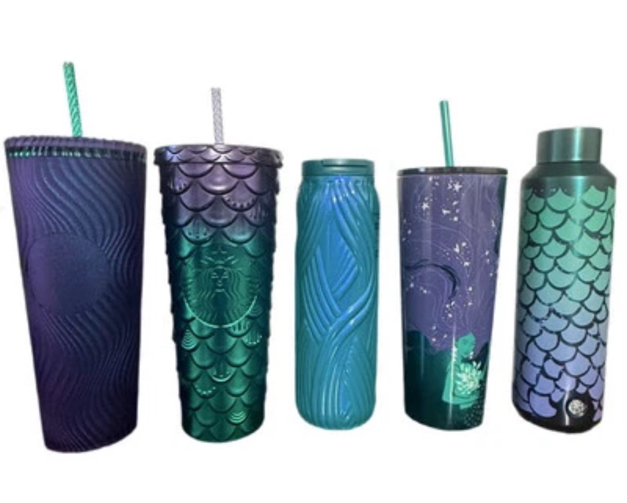STARBUCKS 2025 PURPLE/GREEN SIREN/MERMAID TUMBLER COLD CUP COLLECTION, SET OF 5