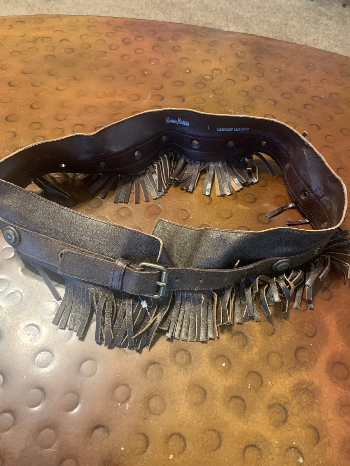 Neiman Marcus leather fringe belt brown western look