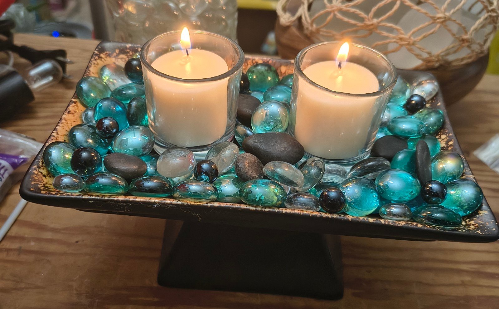 Handmade candle stand holder centerpiece candles dishes glass rocks