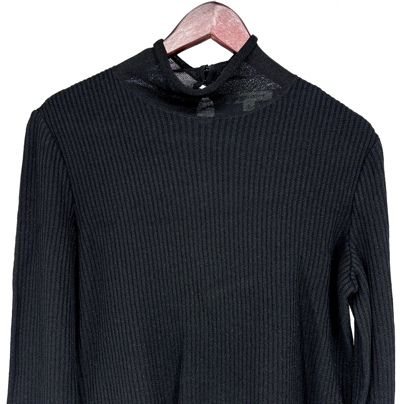 ST JOHN Black Metallic Ribbed Sweater Mock Neck Long Sleeve Pullover Large L