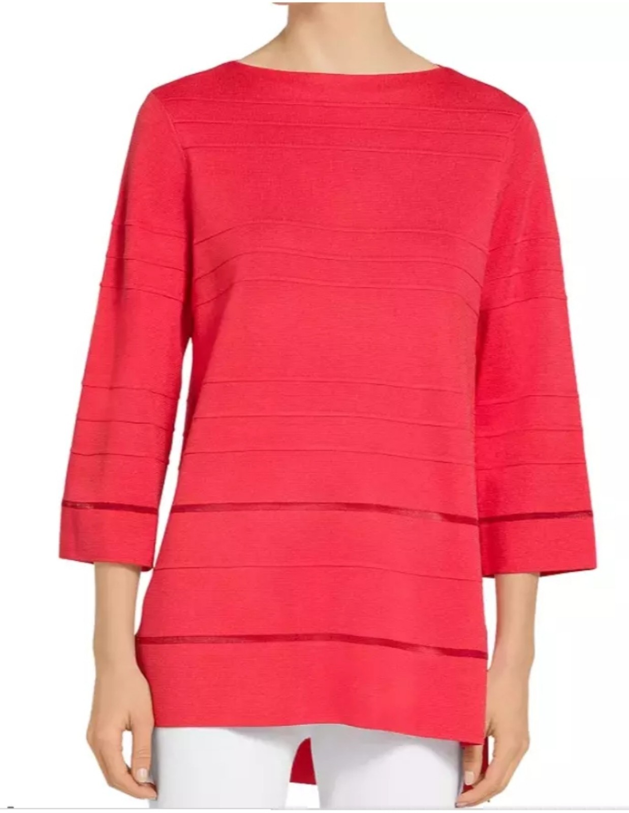 ST. JOHN Ottoman Stripe Knit Sweater in Apple, Red,Oversized, Women's Size Large