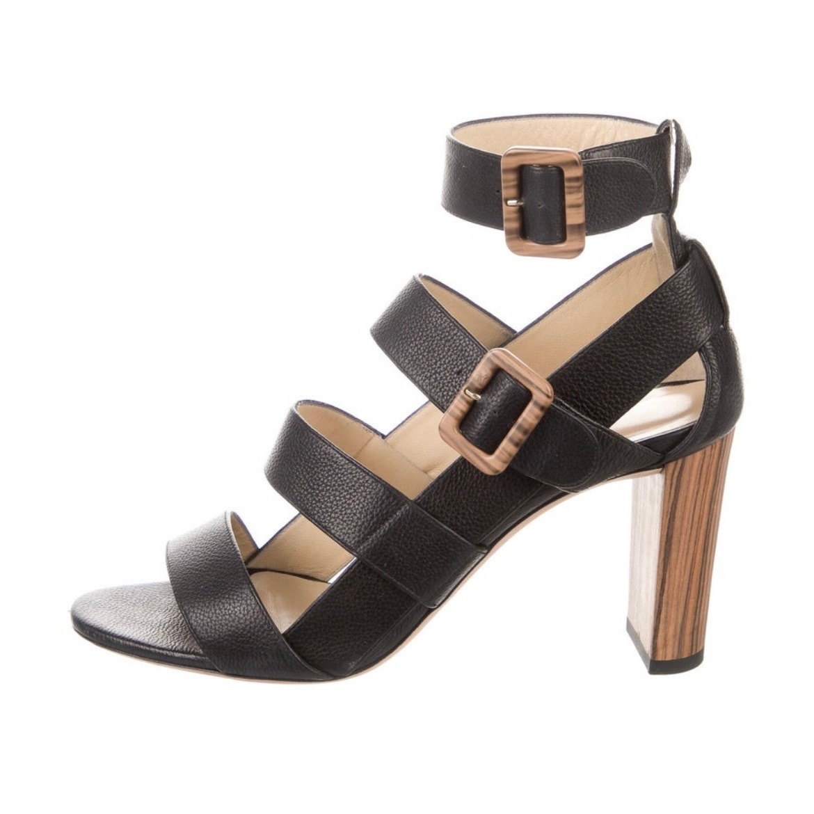 Jimmy Choo Maya Black Leather Sandal Wood Grain Chunky Block Heel EU 35.5/US 5.5