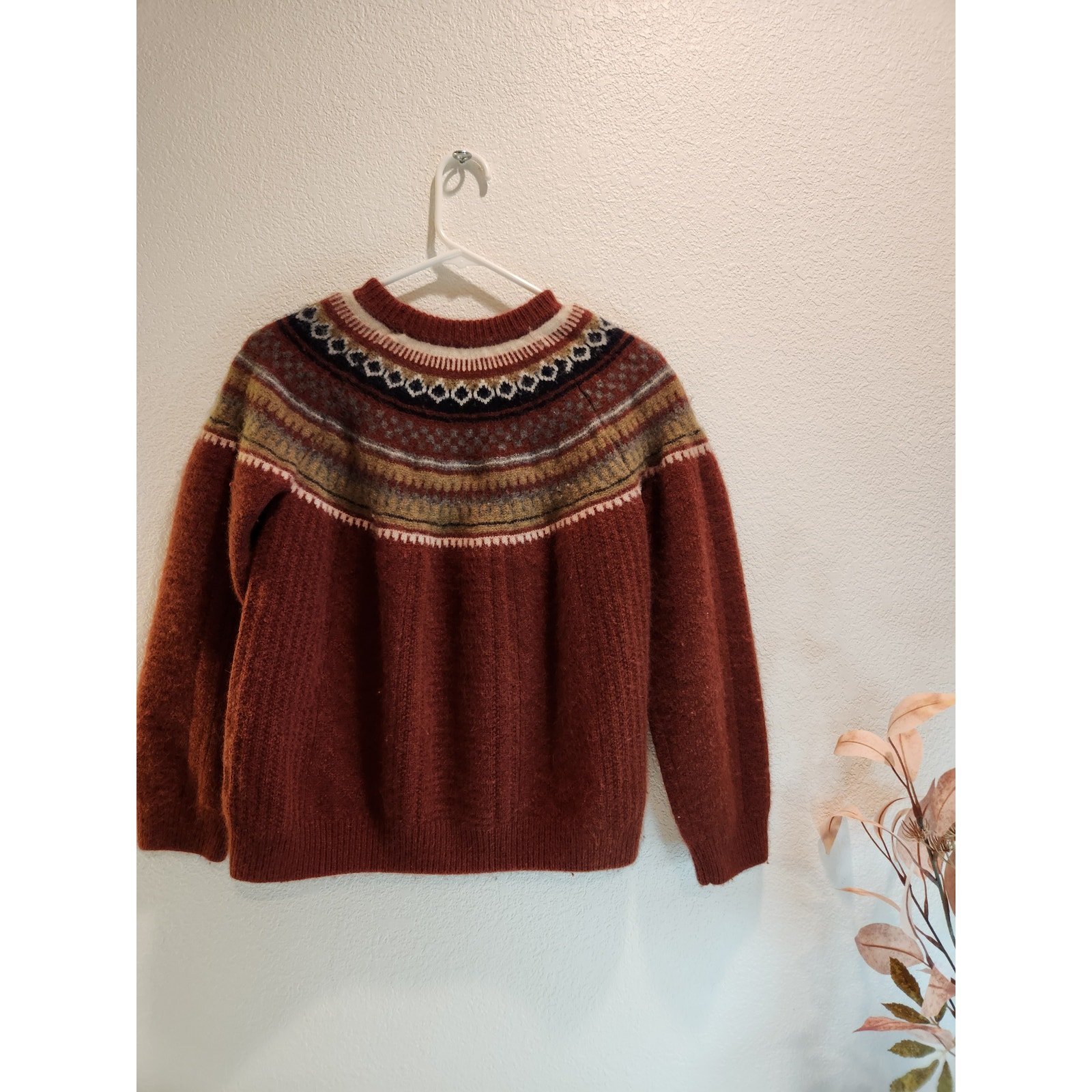 Britte Fair Isle Wool Sweater Rust Multicolor Nordic Knit Pullover PTP 18” soft