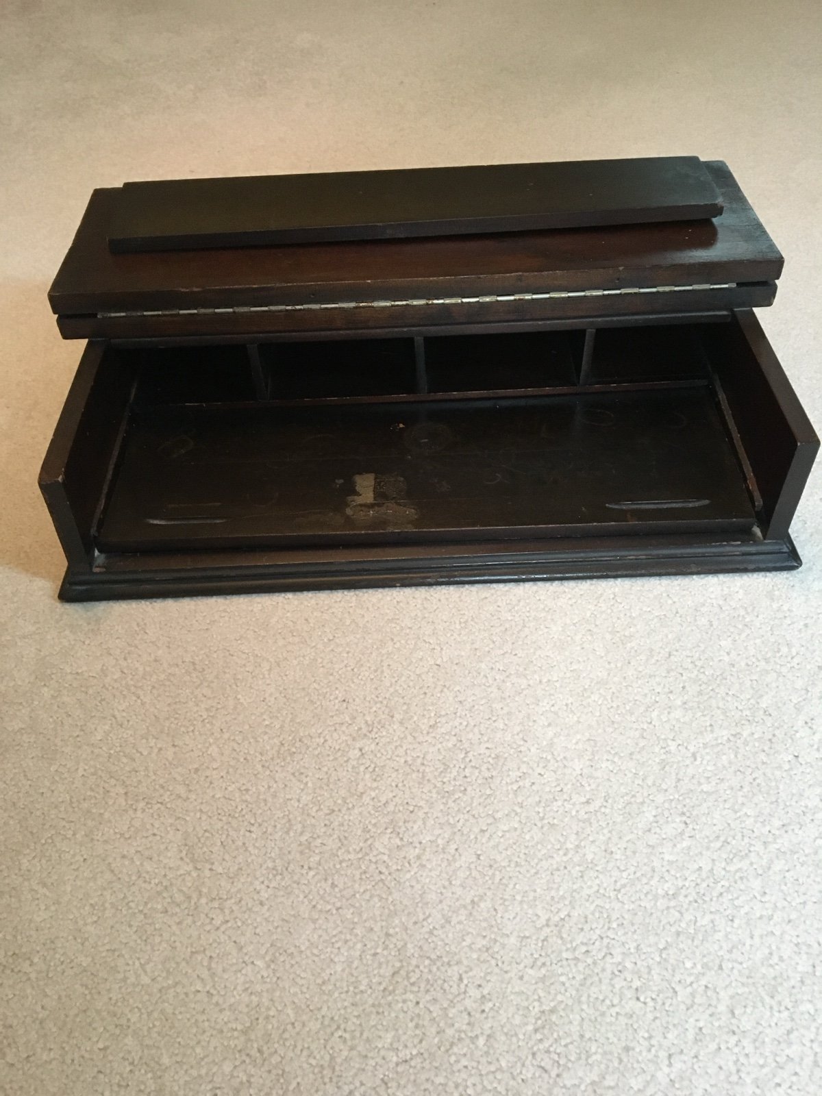 Antique desk top, walnut, pull out writing area, cubby holes, folding top, 24”w