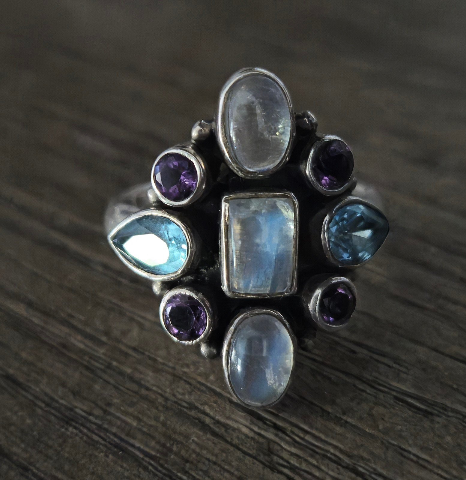 Nicky Butler 925 Sterling Silver Moonstone Blue Topaz Amethyst Ring Sz 7 Vintage