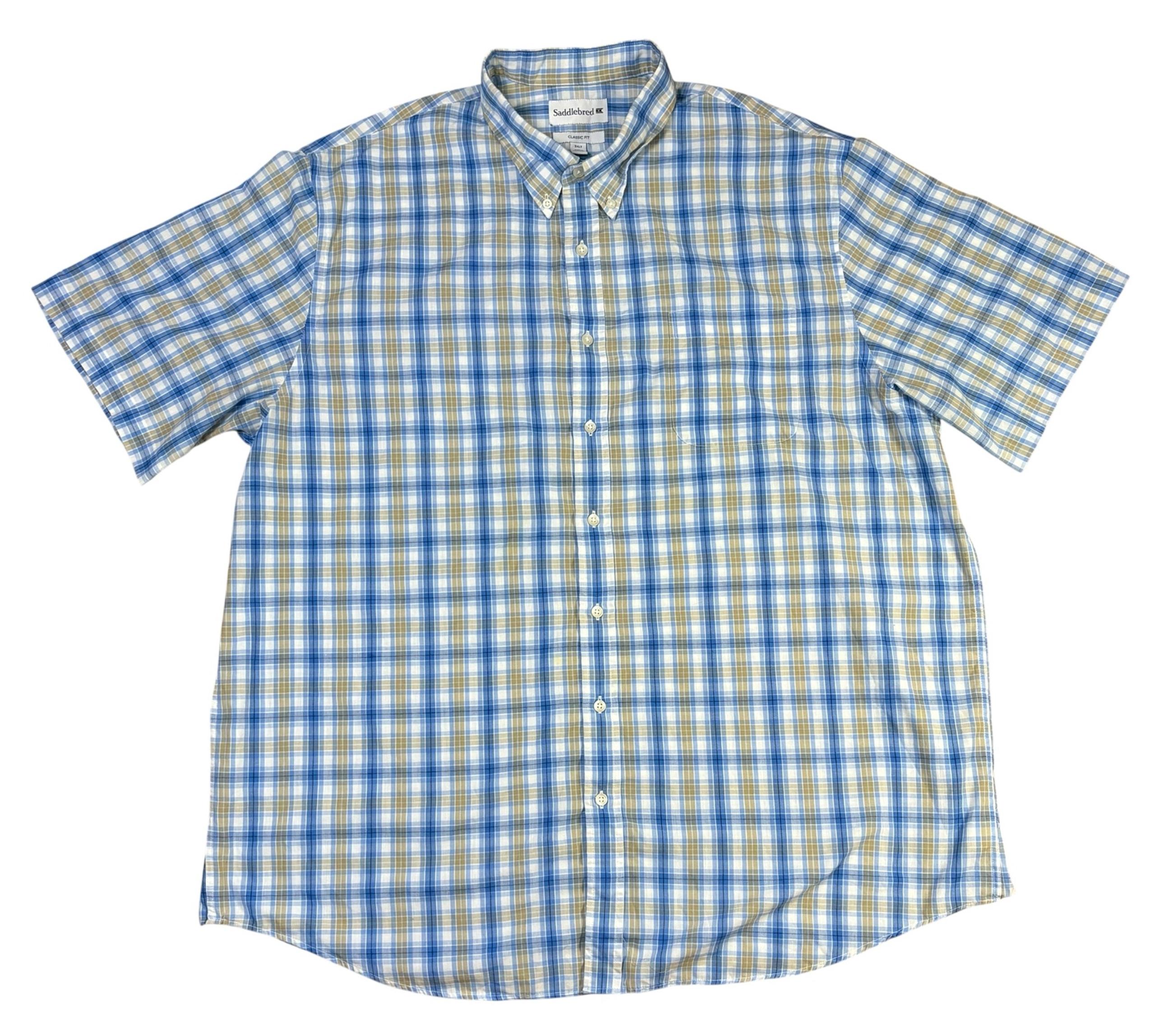 Saddlebred Mens Button Down Shirt Short Sleeve Blue Plaid Size 2XLT Classic Fit