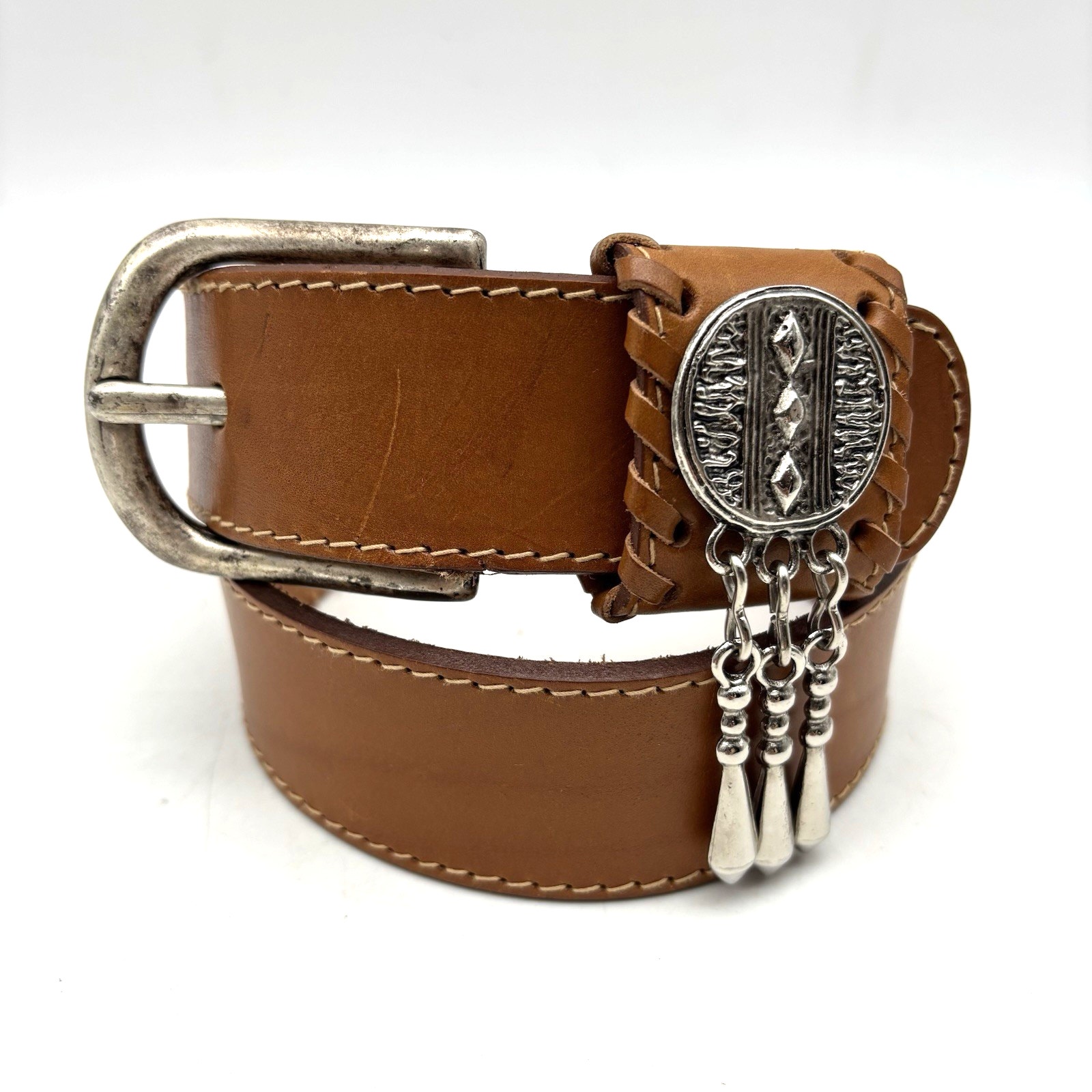 Vintage 90s Artisan Crafted 7059 Tan Genuine Leather Dangle Concho Belt S 25-29
