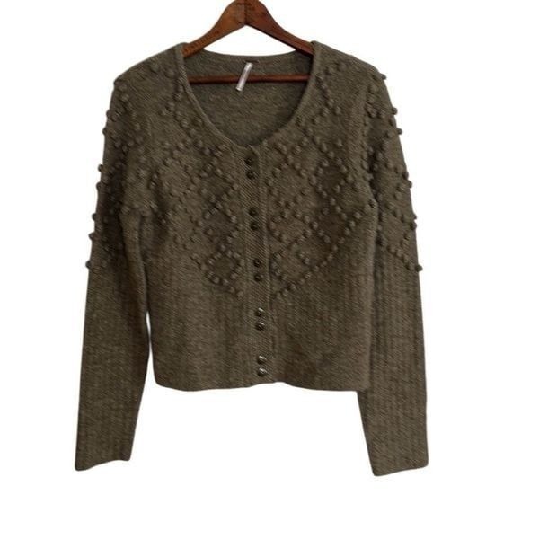 Free People Shooting Stars Wool Linen Button Front Cardigan Tan Size Large