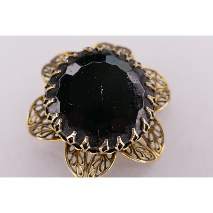 Victorian Revival Brooch Signed Freirich - Big Black Glass Stone In Filigree Set