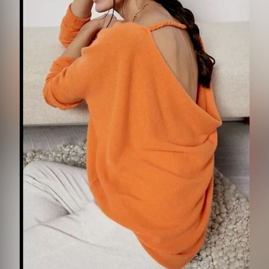 Anthropologie L Cashmere Low Cowl Back Sweater Orange Soft Lounge Luxury Boho