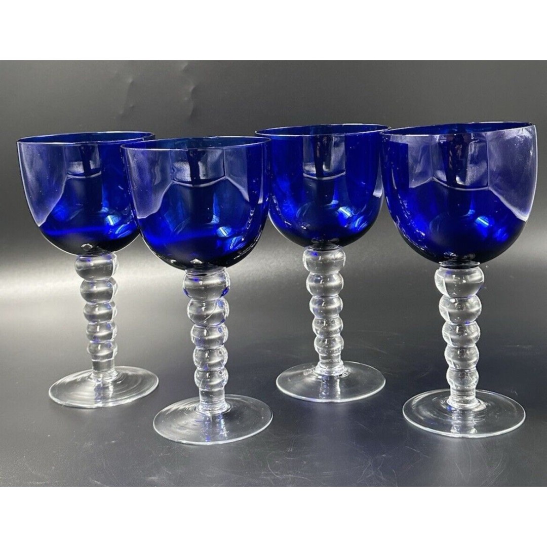 Cobalt Blue Drinking Glasses with Clear Ball Stems Set of 4 Glasses