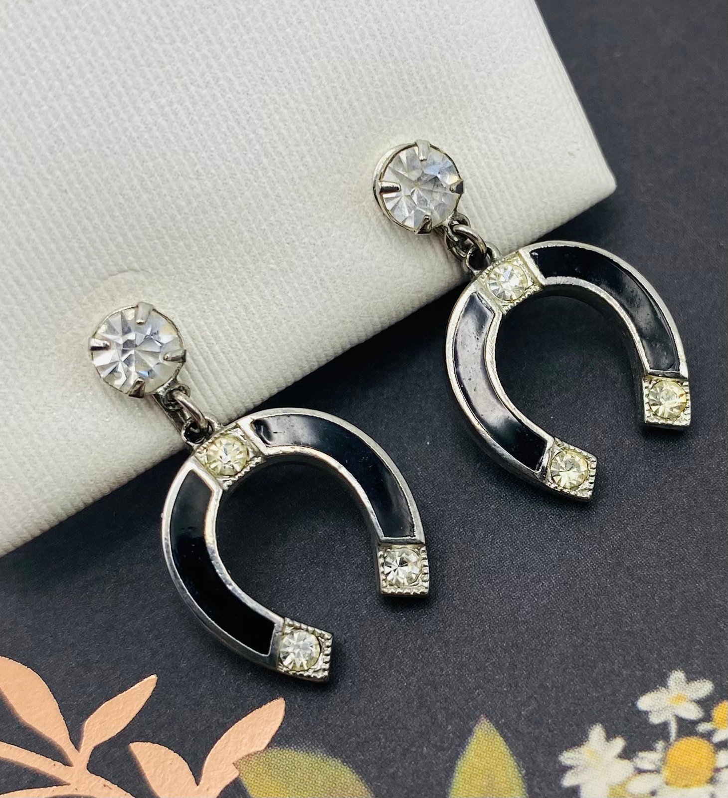 Art Deco Lucky Horseshoe Earrings Black Enamel Paste Stones Silver Screw Backs