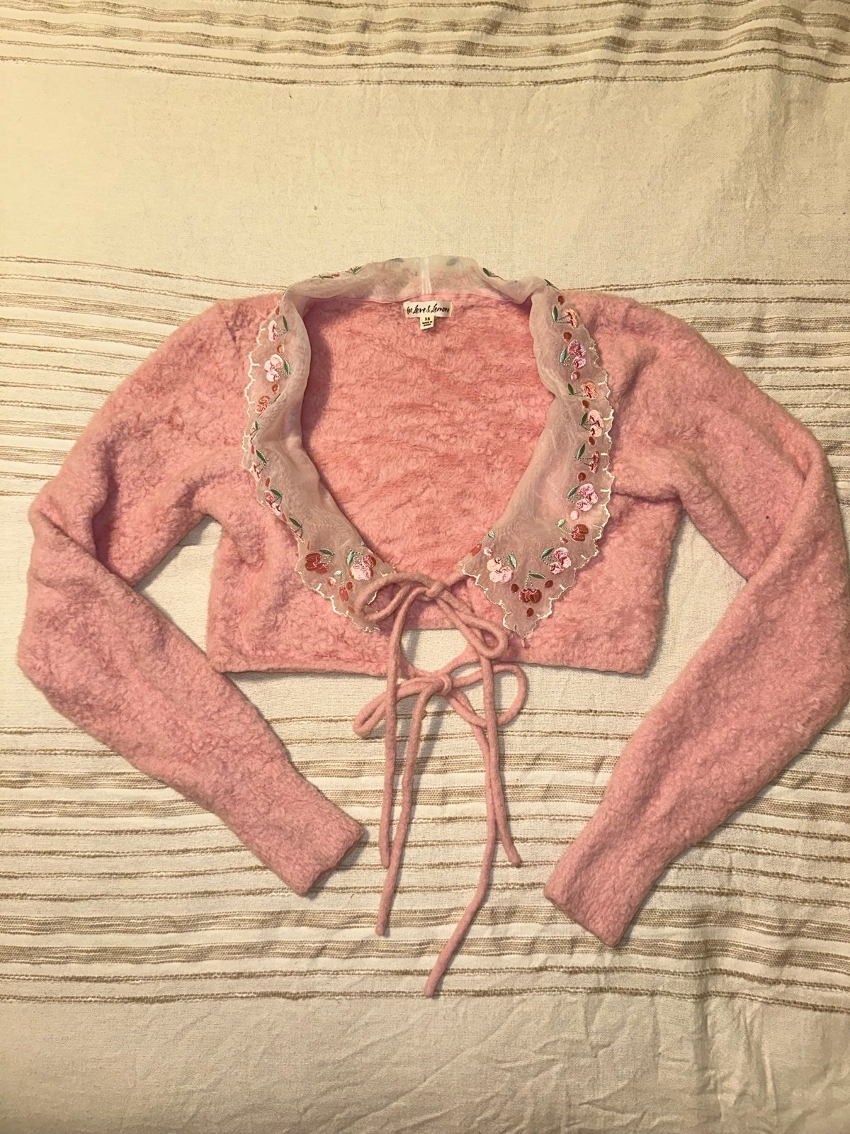 For Love & Lemons Floral embroidered collar tie-up cropped cardigan